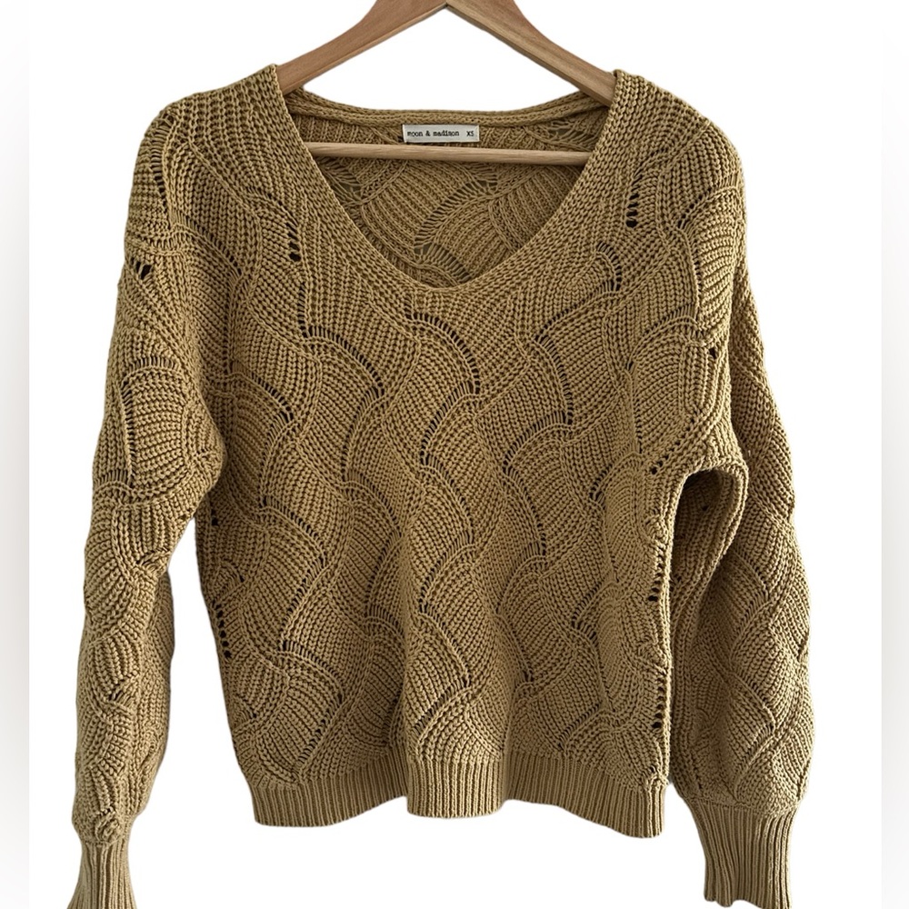 Mustard open knit neck sweater.